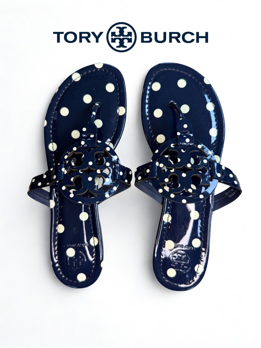 NEW Tory Burch Miller Sandal Navy Blue & Cream Polka Dot Patent Leather 8.5